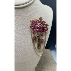 Vintage Pink Rhinestone Filigree Tassel Brooch Victorian Revival Style